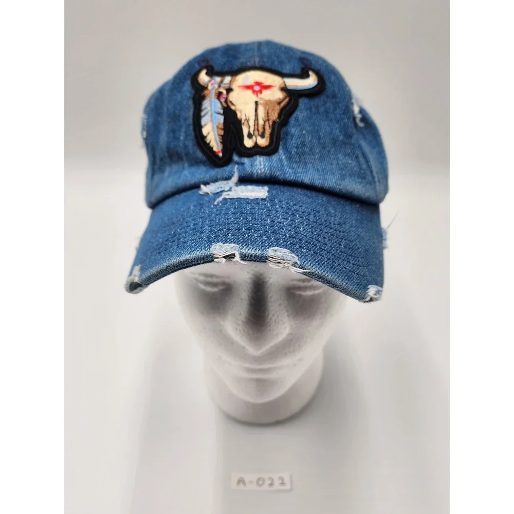KB ETHOS VINTAGE DENIM DISTRESSED TRUCKER BASEBALL HAT CAP BULL SKULL PATCH